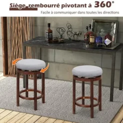 COSTWAY Sæt med 2 runde barstole 360° drejelig, dia. 42 x 66 cm, polstret sæde, belastning 180 kg, klassisk design, grå Grå