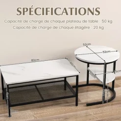 COSTWAY Sæt med 2 Scandinavian Nesting Sofaborde - Marmor Print Sidebord - Sort metalstel, justerbare fodstøtter Svart+vit