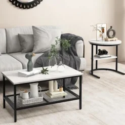 COSTWAY Sæt med 2 Scandinavian Nesting Sofaborde - Marmor Print Sidebord - Sort metalstel, justerbare fodstøtter Svart+vit