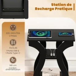 COSTWAY Sæt med 2 Sideborde med 3-niveau Opladningsstation - Åbne Opbevaringshylder 50 x 30 x 60,5 cm Sort