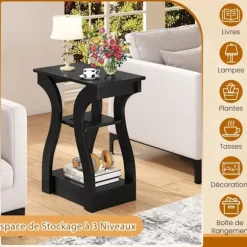 COSTWAY Sæt med 2 Sideborde med 3-niveau Opladningsstation - Åbne Opbevaringshylder 50 x 30 x 60,5 cm Sort