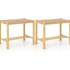 COSTWAY Sæt med 2 skamler i massivt træ, vævet papirsnor, dekorative 56 x 36 x 45 CM (L x B x H) Naturlig Naturligt 3