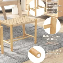 COSTWAY Sæt med 2 skamler i massivt træ, vævet papirsnor, dekorative 56 x 36 x 45 CM (L x B x H) Naturlig Naturligt 3