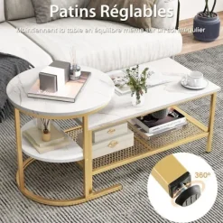 COSTWAY Sæt med 2 Skandinavisk Nesting Sofaborde - Marmor Print Sidebord - Guld Metalramme, Justerbare Fodstøtter gyllene