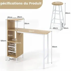 COSTWAY Sæt med højt barbord med hylder, spisebord med 2 skamler, 120 x 40 x 120 CM, industriel stil, beige