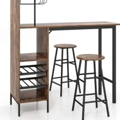 COSTWAY Sæt med højt barbord med hylder, spisebord med 2 taburetter, 120 x 40 x 120 CM, industriel stil, café Kaffe