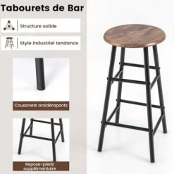COSTWAY Sæt med højt barbord med hylder, spisebord med 2 taburetter, 120 x 40 x 120 CM, industriel stil, café Kaffe
