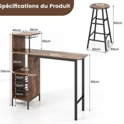 COSTWAY Sæt med højt barbord med hylder, spisebord med 2 taburetter, 120 x 40 x 120 CM, industriel stil, café Kaffe