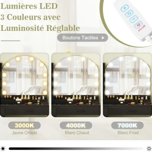 COSTWAY Sæt med Sminkebord og Skammel, med Spejl og Justerbare LED- lys i 3 Farver, Opladningsstation, 4 Skuffer, Hvid Vit