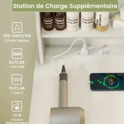COSTWAY Sæt med Sminkebord og Skammel, med Spejl og Justerbare LED- lys i 3 Farver, Opladningsstation, 4 Skuffer, Hvid Vit