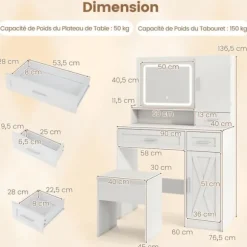 COSTWAY Sæt med Smykkebord og Skammel, LED Spejl med 3 Farver, Opladestation, Smykkeskab og 3 Skuffer, Ideel Gave Vit