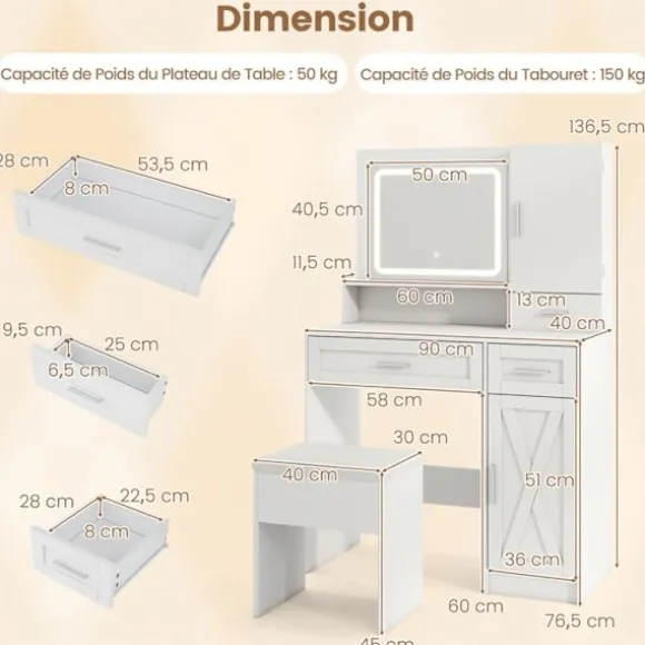 COSTWAY Sæt med Smykkebord og Skammel, LED Spejl med 3 Farver, Opladestation, Smykkeskab og 3 Skuffer, Ideel Gave Vit