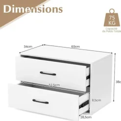 COSTWAY stabelbar kommode med 2 skuffer, med anti-tip-sæt, til soveværelse, stue, kontor, 60 x 34 x 38 cm, hvid