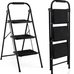COSTWAY Step Taburet 3 Trin Fold Bred Heavy Metal Stel Skridsikret pedal 64 x 39 x 90 cm Kapacitet 150 kg Sort