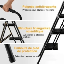 COSTWAY Step Taburet 3 Trin Fold Bred Heavy Metal Stel Skridsikret pedal 64 x 39 x 90 cm Kapacitet 150 kg Sort
