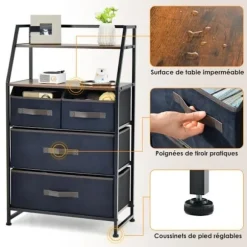 COSTWAY stof kommode med 4 skuffer, 2 hylder, kommode, metalramme opbevaringsenhed til stuen, entré, 84 x 30 x 85 cm svart och grått