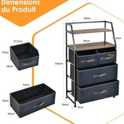 COSTWAY stof kommode med 4 skuffer, 2 hylder, kommode, metalramme opbevaringsenhed til stuen, entré, 84 x 30 x 85 cm svart och grått