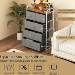 COSTWAY stofkommode med 5 foldbare skuffer, jernstel, 58x29x99,5 CM, til entre, soveværelse, grå Grå