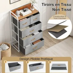 COSTWAY stofkommode med 5 foldbare skuffer, jernstel, 58x29x99,5 CM, til entre, soveværelse, grå Grå