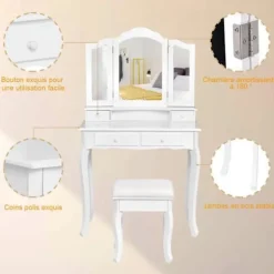 COSTWAY Toiletbord, makeupbord med 3 drejelige spejle, skammel og 4 skuffer, moderne, 80 x 40,5 x 137 cm