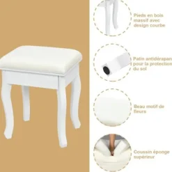 COSTWAY Toiletbord, makeupbord med 3 drejelige spejle, skammel og 4 skuffer, moderne, 80 x 40,5 x 137 cm