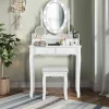 COSTWAY Toiletbord Makeup Bord med skammel - 360° drejeligt ovalt spejl, justerbar pære i 3 farver, 4 skuffer - hvid