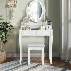 COSTWAY Toiletbord Makeup Bord med skammel - 360° drejeligt ovalt spejl, justerbar pære i 3 farver, 4 skuffer - hvid