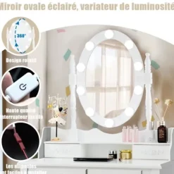 COSTWAY Toiletbord Makeup Bord med skammel - 360° drejeligt ovalt spejl, justerbar pære i 3 farver, 4 skuffer - hvid