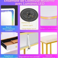 COSTWAY Toiletbord med skammel og spejl, dæmpbart RGB LED-lys, trådløs ladestation, USB, Type-C, Fjernbetjening, Hvid Vit