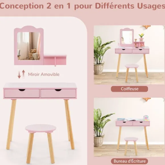 COSTWAY Toiletbord med skammel til børn 3-7 år, aftageligt rektangulært spejl, 1 kam, 2 store træskuffer, lyserød