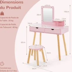 COSTWAY Toiletbord med skammel til børn 3-7 år, aftageligt rektangulært spejl, 1 kam, 2 store træskuffer, lyserød