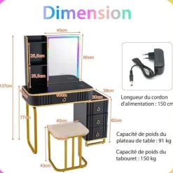 COSTWAY Toiletbord med spejl og skammel - RGB LED-lys, trådløs oplader, USB, Type-C, Fjernbetjening - Metalramme i guld Svart+guld