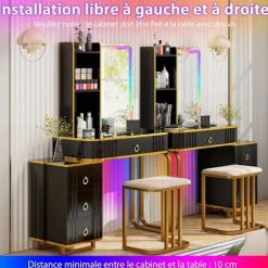 COSTWAY Toiletbord med spejl og skammel - RGB LED-lys, trådløs oplader, USB, Type-C, Fjernbetjening - Metalramme i guld Svart+guld