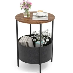 COSTWAY 2-trins rundt sidebord med aftagelig stofkurv, metalstel til små rum, soveværelse, stue, brun