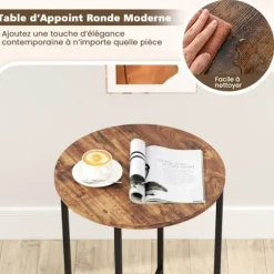 COSTWAY 2-trins rundt sidebord med aftagelig stofkurv, metalstel til små rum, soveværelse, stue, brun