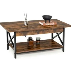COSTWAY 2-trins sofabord, 110 x 60 x 48 CM, med X-formet metalstel, justerbare fødder, industriel stil, brun