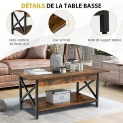 COSTWAY 2-trins sofabord, 110 x 60 x 48 CM, med X-formet metalstel, justerbare fødder, industriel stil, brun