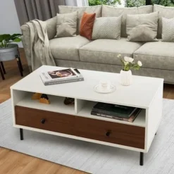 COSTWAY træsofabord med 2 skuffer og 2 opbevaringshylder, multifunktionelt sidebord til sofa, stue, soveværelse