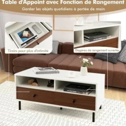 COSTWAY træsofabord med 2 skuffer og 2 opbevaringshylder, multifunktionelt sidebord til sofa, stue, soveværelse