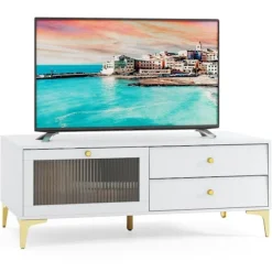 COSTWAY TV-møbel til TV 55" med dør og 2 skuffer, foldbar dør i hærdet glas, til stue, soveværelse, 120 x 62 x 46 cm Vit