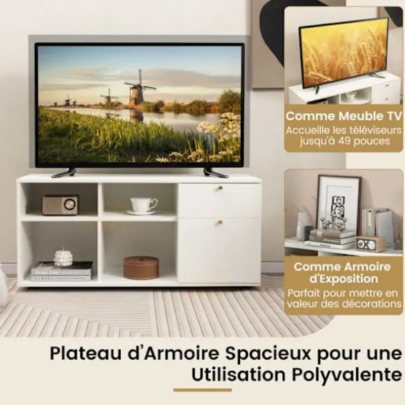 COSTWAY tv-skab til 49" med 2 skuffer, 4 rum, opbevaringsrum til stue, soveværelse, 108 x 39 x 50 cm Vit