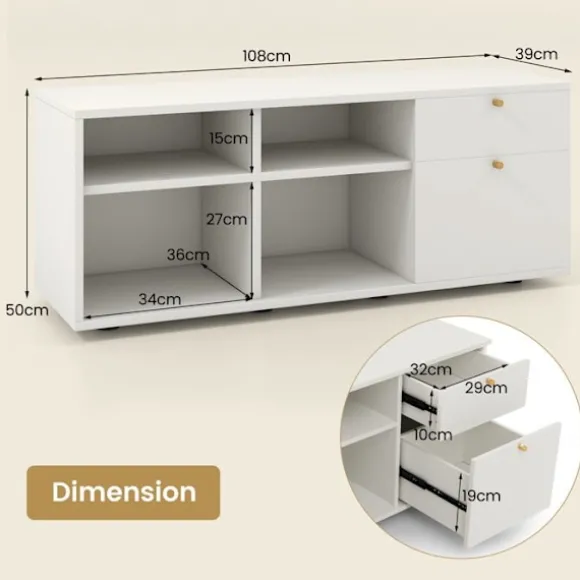 COSTWAY tv-skab til 49" med 2 skuffer, 4 rum, opbevaringsrum til stue, soveværelse, 108 x 39 x 50 cm Vit
