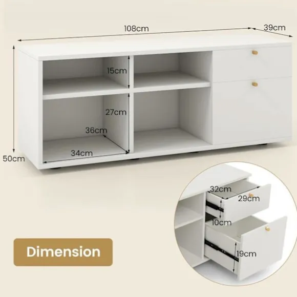 COSTWAY tv-skab til 49" med 2 skuffer, 4 rum, opbevaringsrum til stue, soveværelse, 108 x 39 x 50 cm Vit