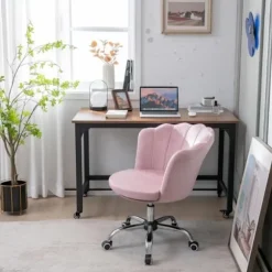 COSTWAY Velvet drejelig kørestol, kronbladsform - justerbar højde H 74-82 CM Pink Ros