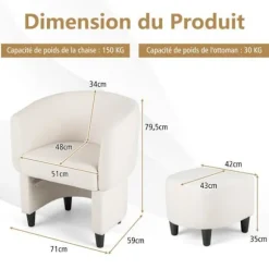 COSTWAY Velvet Polstret Barrel Chair med osmannisk, massivt træstel, skridsikre filtpuder, beige Beige