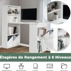 COSTWAY Vendbart computerbord med reol, moderne med 6-lags opbevaringshylder, hvid Vit
