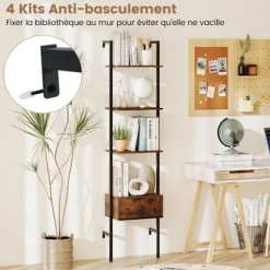 COSTWAY Vægmonteret Reol 177,5 cm med 5 Niveauer og Skuffe, Stige Reol med Metalramme, til Stue Kontor Hjem Rustik brun