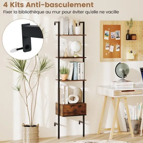 COSTWAY Vægmonteret Reol 177,5 cm med 5 Niveauer og Skuffe, Stige Reol med Metalramme, til Stue Kontor Hjem Rustik brun