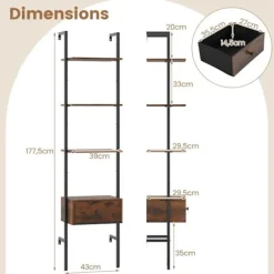 COSTWAY Vægmonteret Reol 177,5 cm med 5 Niveauer og Skuffe, Stige Reol med Metalramme, til Stue Kontor Hjem Rustik brun