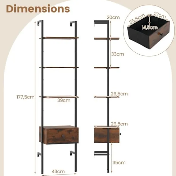 COSTWAY Vægmonteret Reol 177,5 cm med 5 Niveauer og Skuffe, Stige Reol med Metalramme, til Stue Kontor Hjem Rustik brun